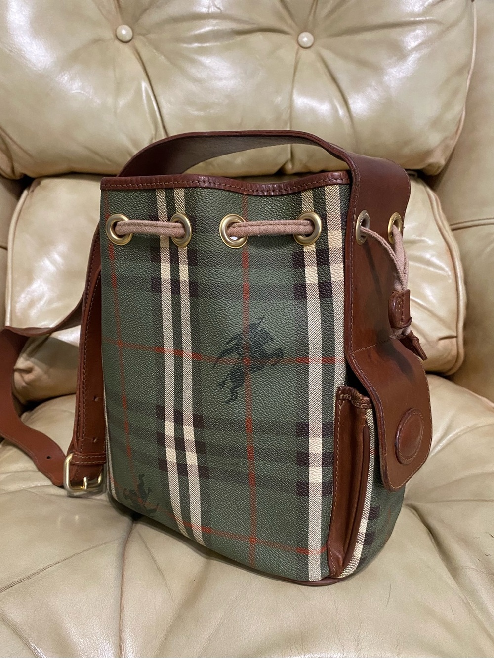 Vintage Burberry Sling Bag Drawstring Olive Haymarket Check Canvas Leather